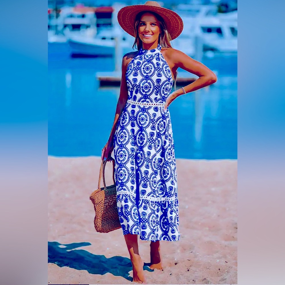 NWT Blue and White Halter Maxi Dress